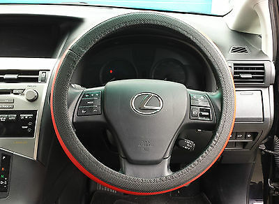 UNIVERSAL GRIP STEERING WHEEL COVER GLOVE BLACK RED STRIPED HQ LEATHER