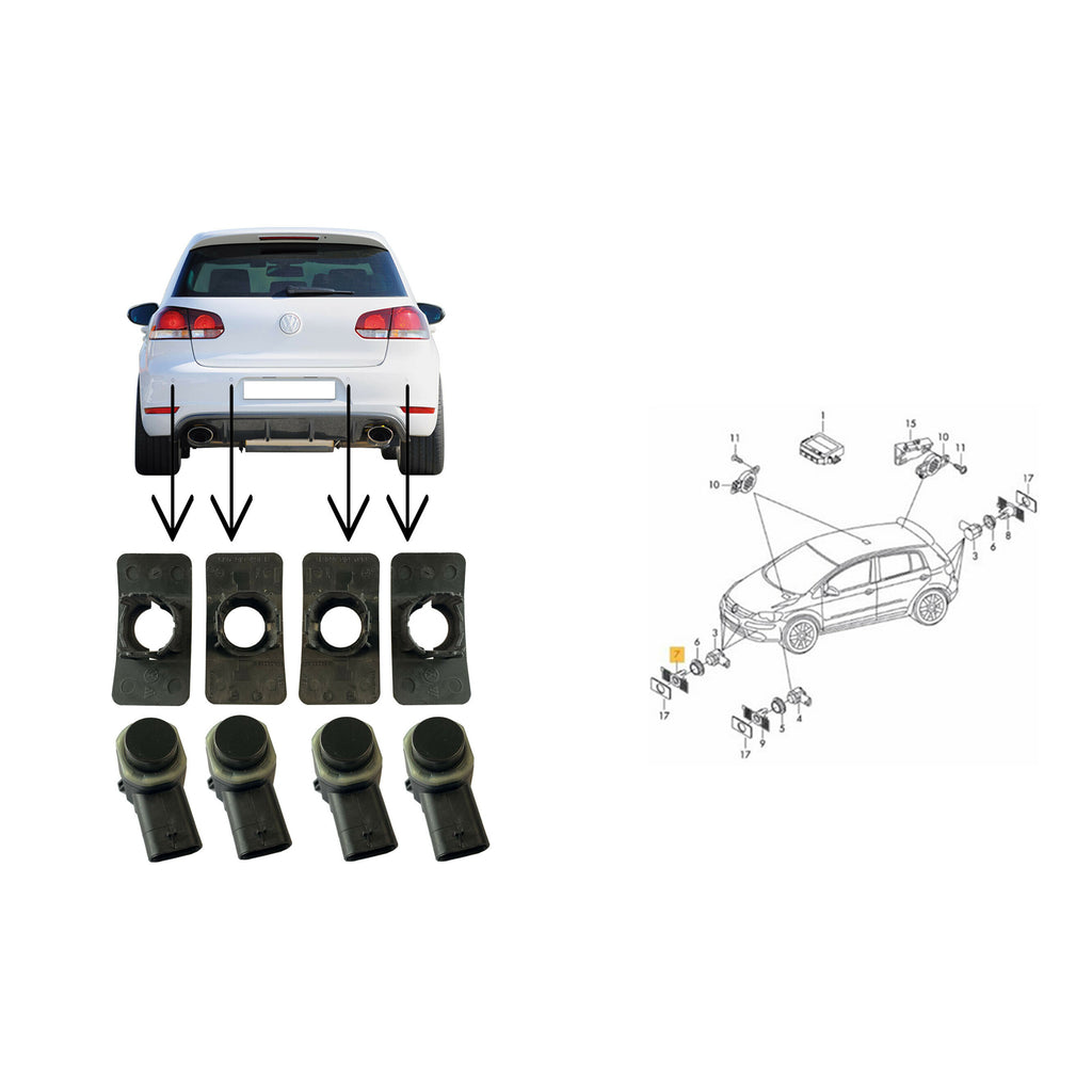 4X BUMPER PDC SENSOR HOLDER MOUNT BRACKET GUIDE WITH PARKING SENSOR VW GOLF MK6